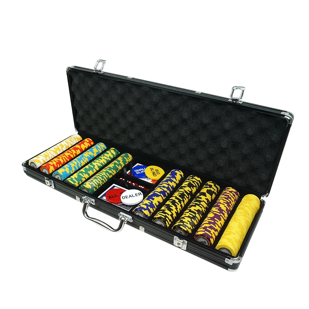 Casino Poker Games Blackjack Texas Hold'em Poker Accessories 500pc Clay Chip Set Black Premium Chip Aluminum Case Set