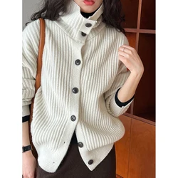 2024 Women Autumn Turtleneck Button Design Cardigans Coat Thick Knitted Beige Sweater Women Winter Cape Clothes Tops