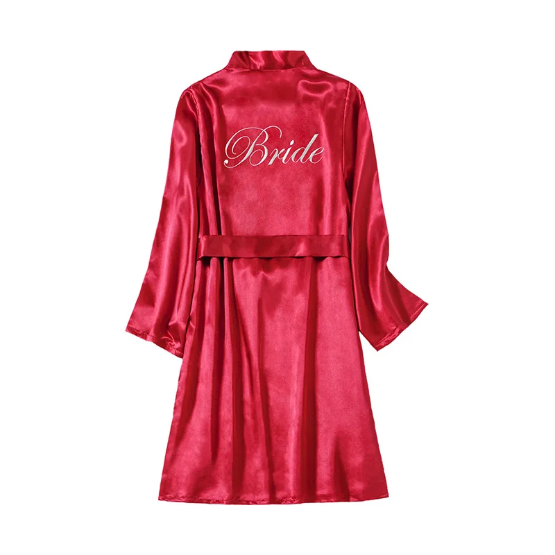 

Letter Embroidery Satin Bride Night Dress Solid Color Long Sleeve V-Neck Robe With Belt For Wedding And Ceremony Bridesmaid Pjs