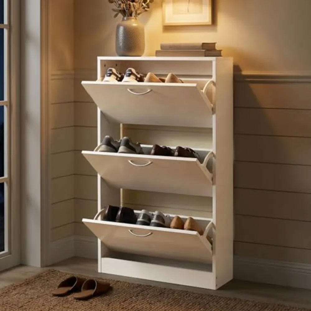 Shoe Cabinet for Entryway, Narrow Storage with 3 Flip Drawers | Wood Slim Rack, 3 Tier Thin Organizer