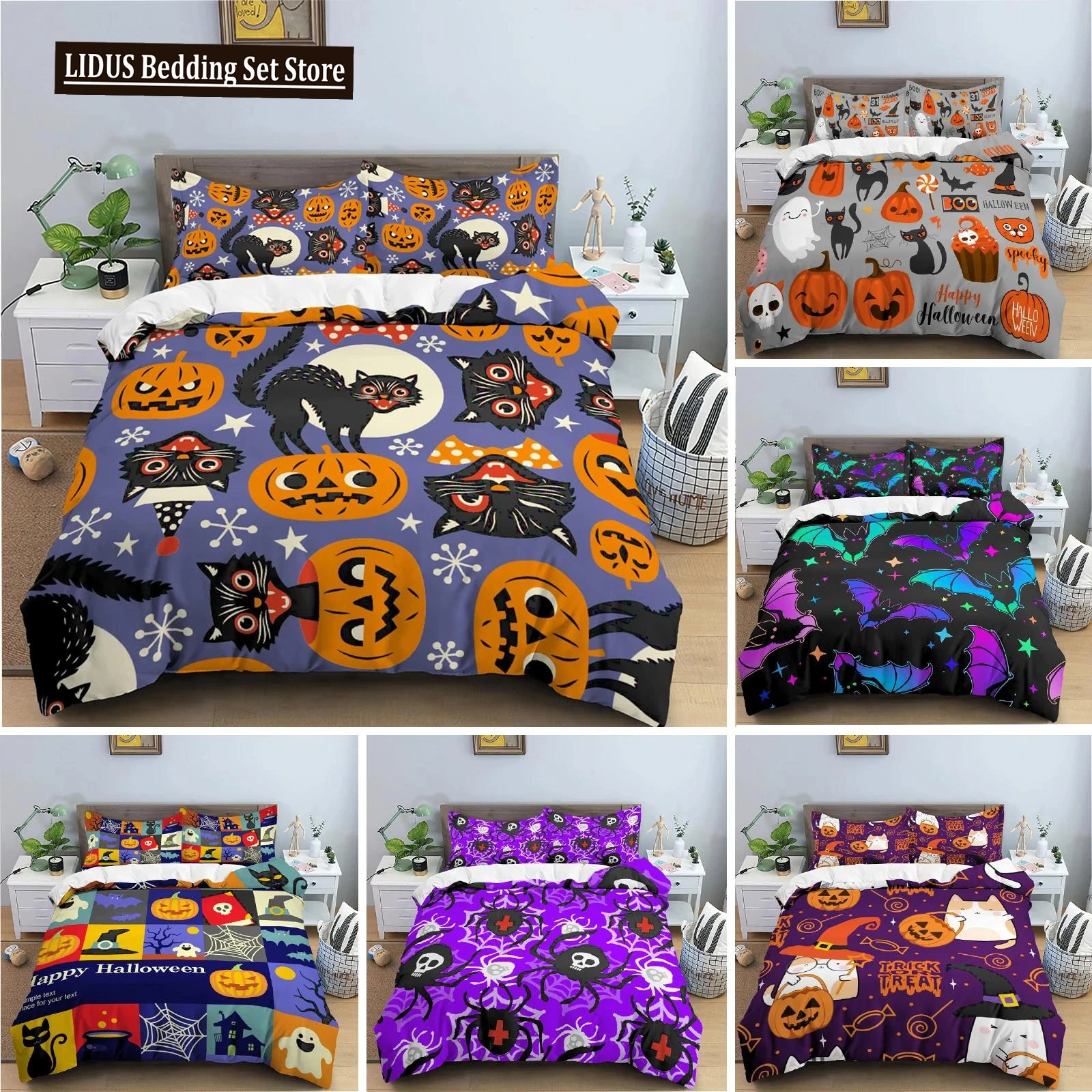 3D Skull Bedding Set Halloween Bats Duvet Cover Skull Polyester Comforter Cover Set Double King Queen Kids Polyester Quilt Cover