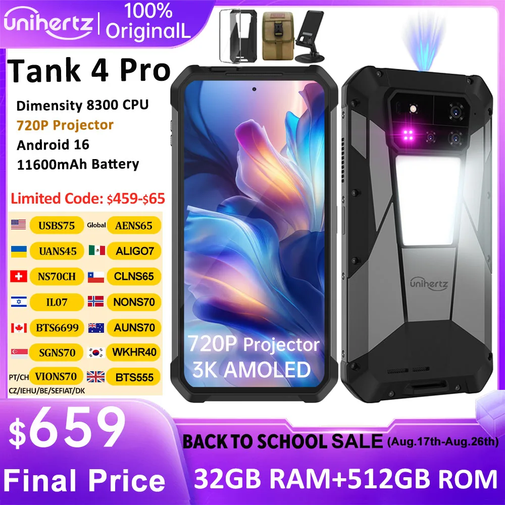 Unihertz by 8849 Tank 4 Pro 5G телефон со встроенным проектором 720P, процессором Dimensity 8300, 16 ГБ/18 ГБ памяти, 3K AMOLED экраном, батареей 11600 мАч, защитой IP68/IP69.