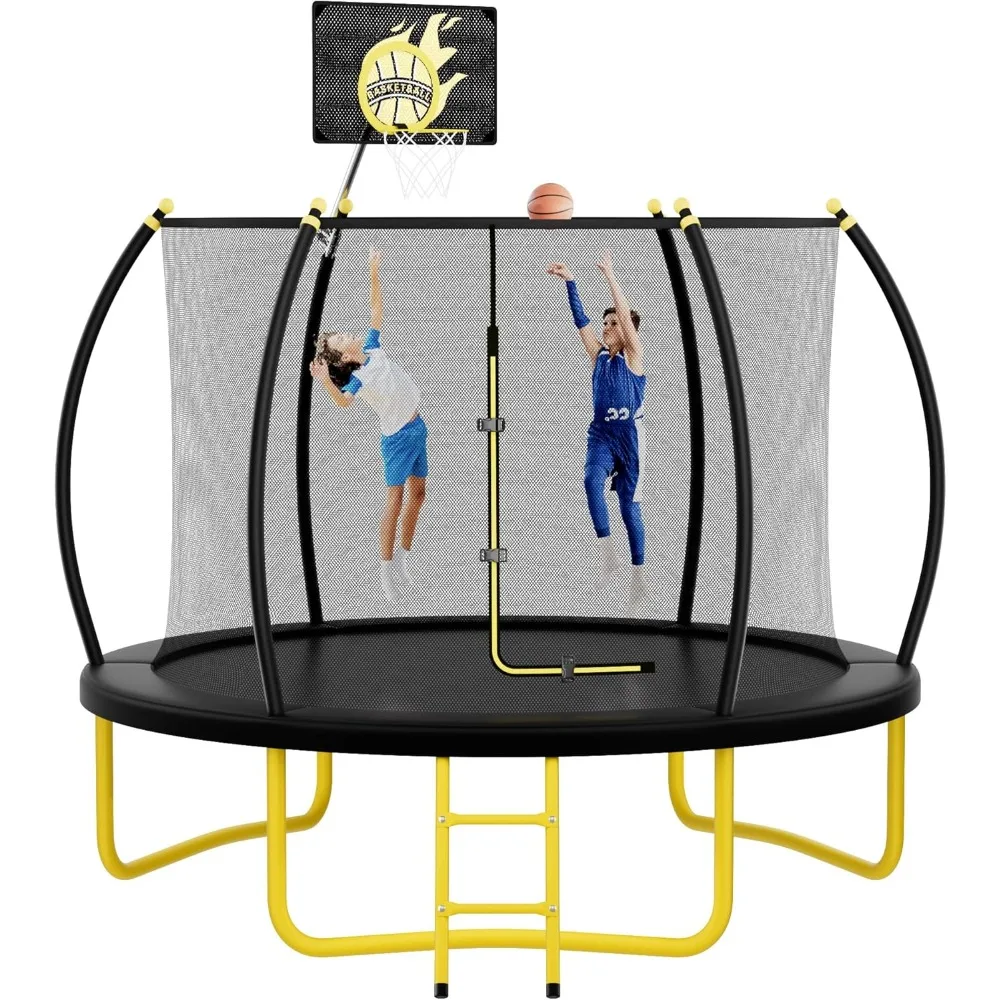 10FT Pumpkin Trampoline, Trampoline Outdoor with Basketball Hoop, Enclosure Net and Ladder, Recreational Trampoline for Kids