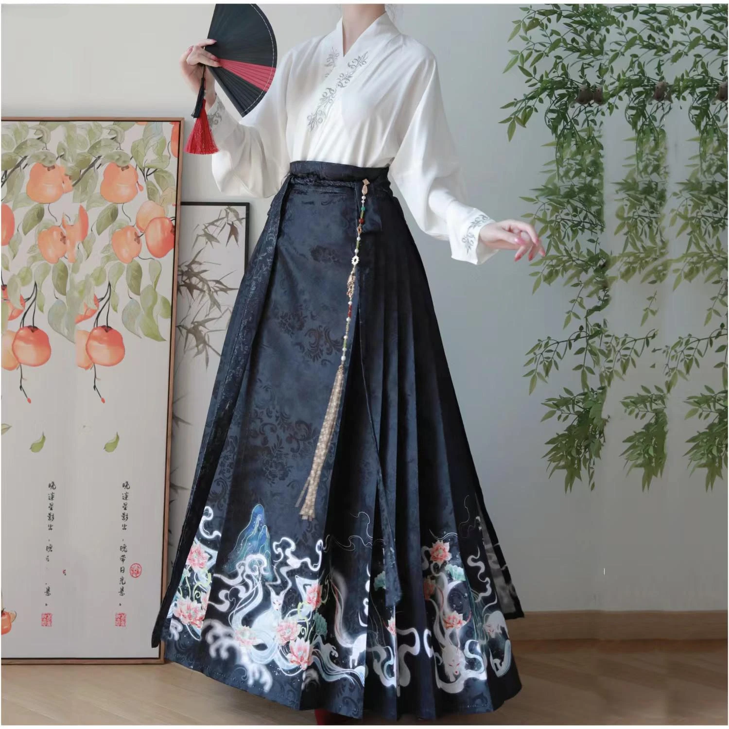 Vintage Women Chinese Traditional Hanfu Cardigan Shirt + Blue Pleated Mamian Skirt Chinese Hot Hanfu Shirt Horse Face Skirt Set