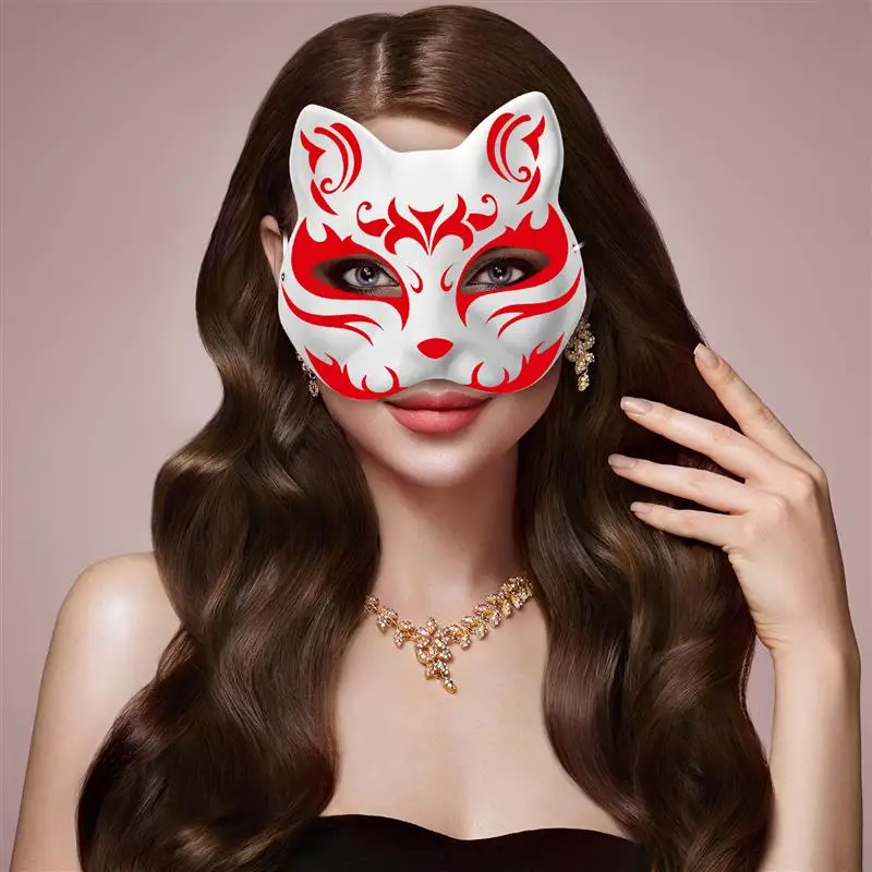 DIY Pulp Japanese Mask Half Face Hand-painted Cat White Mask Masquerade Halloween Festival Cosplay Prop