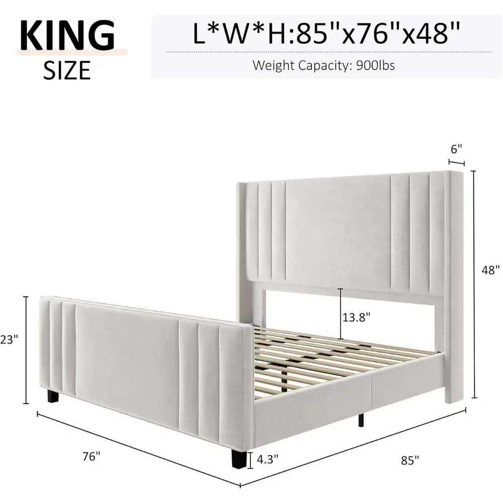 Bed Frame, Velvet Upholstered Platform Bed with Vertical Channel Tufted Headboard & Footboard/Wingback, Mattress Found