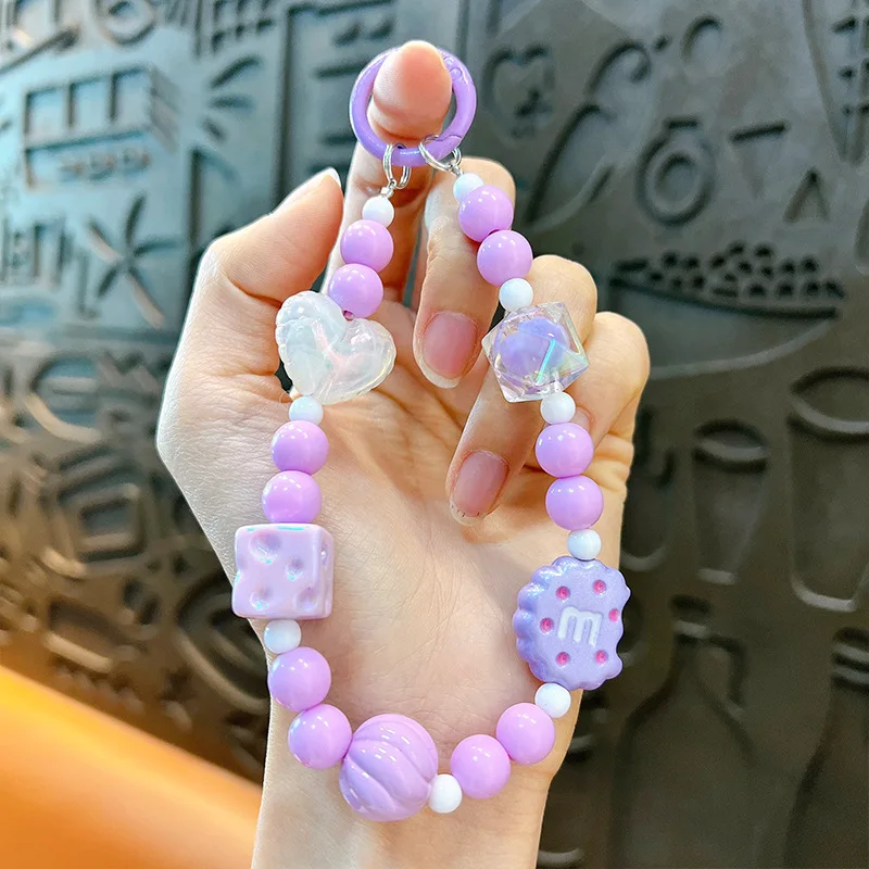 Korean Cute Cookie Beaded Phone Chain Lovely Love Heart Pendant Lanyard For iPhone Anti-Lost Hanging Rope