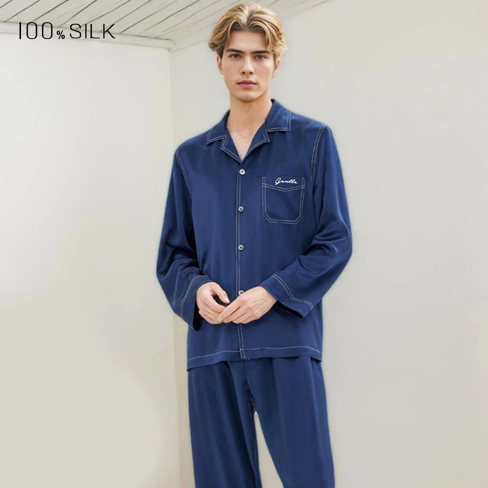 Spring Summer New Men 100% Mulberry Silk Pajamas Set Cool Feeling 2 Piece Loungewear Outfit