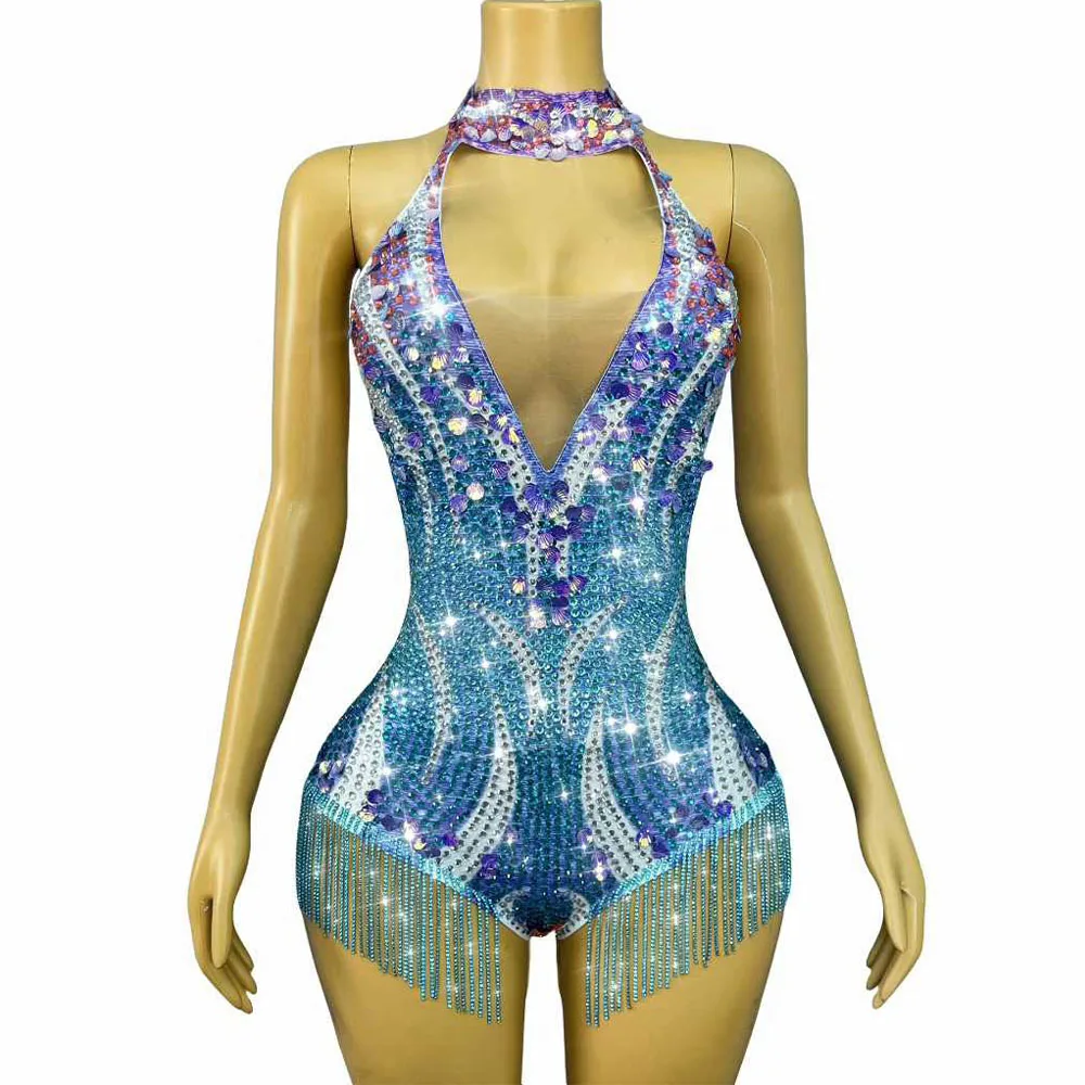 Sexy Twinkling Seashell Sequins Crystals Chains V-neck Bodysuit Women Blingbling Performance Fashion Show Photoshoot Stage Wear