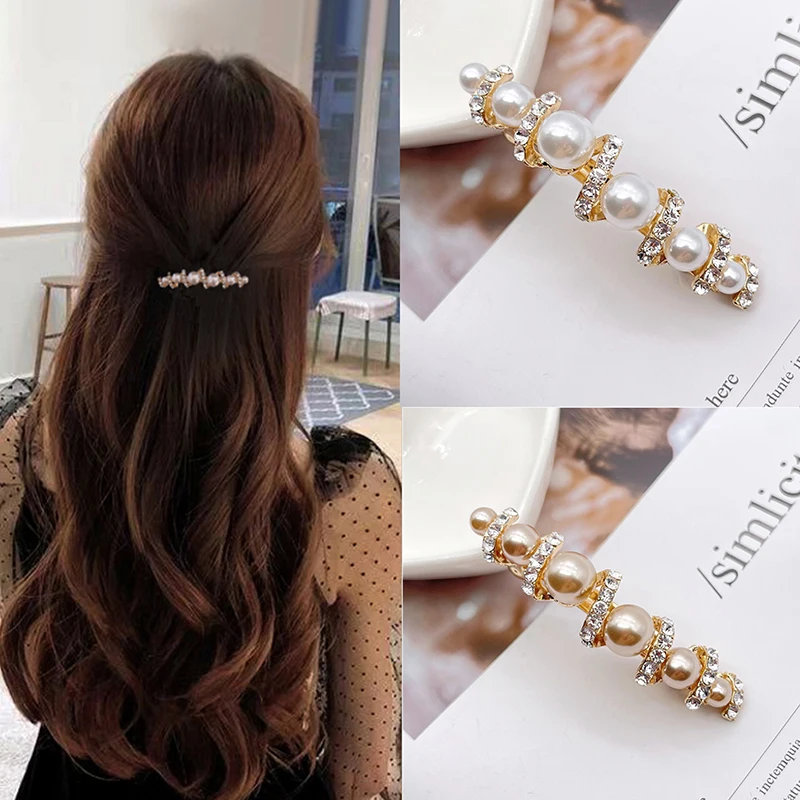 Korean Fashion New Pearl Rhinestone Hair Clip Women\'s Side Clip Korean Headwear Ponytail Rhinestone Elastic Clip Metal Hair Acce