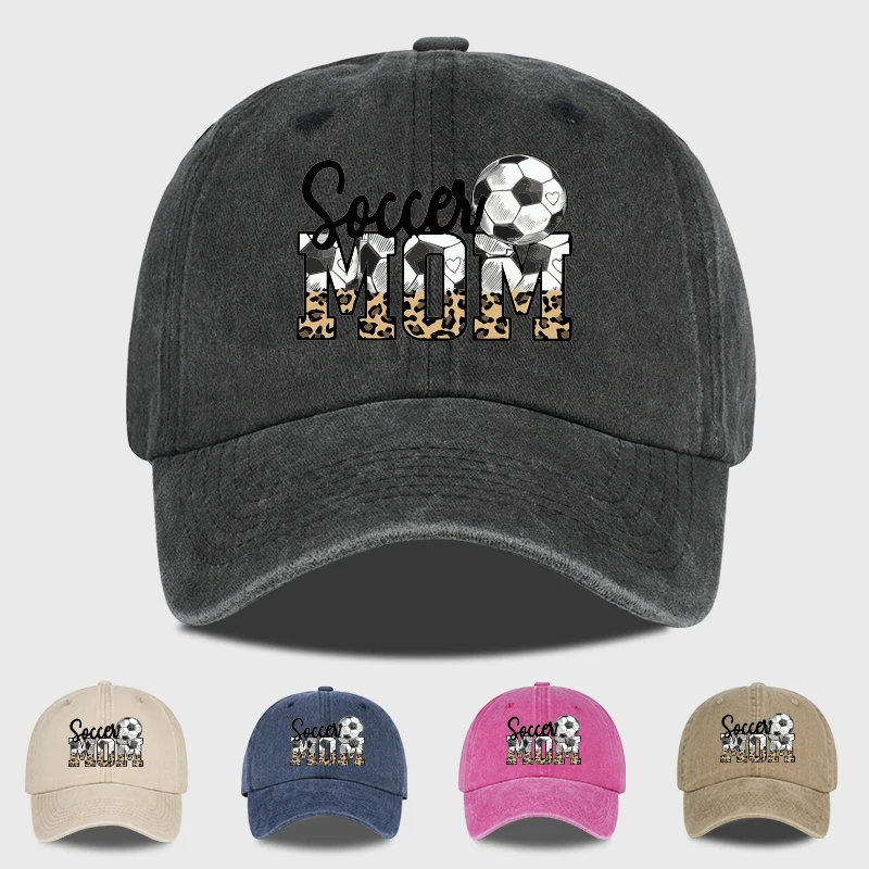 Leopard Print Soccer Mom Washed Baseball Cap Adjustable Unisex Soccer Game Day Hat For Moms