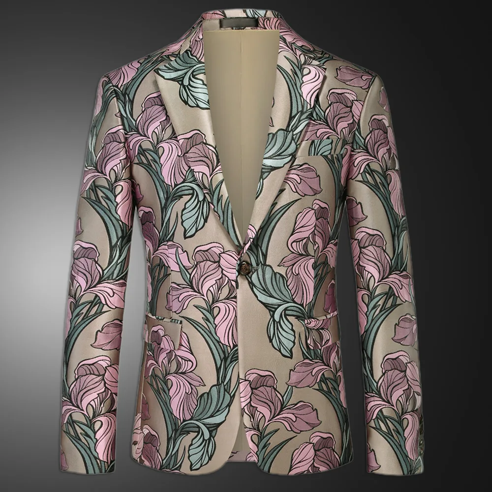 

Retro Pattern Blazer British Suit Jacket Casual Mens Stylish Blazer Vintage Flower Masculino Blazer Slim Hombre Chemish Homme