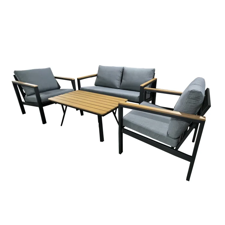 

Modern Dark Gray Bistro Sofa Set New Arrival Outdoor Metal Furniture Wood Panel Rattan Fabric for Hotels Villas Apartments
