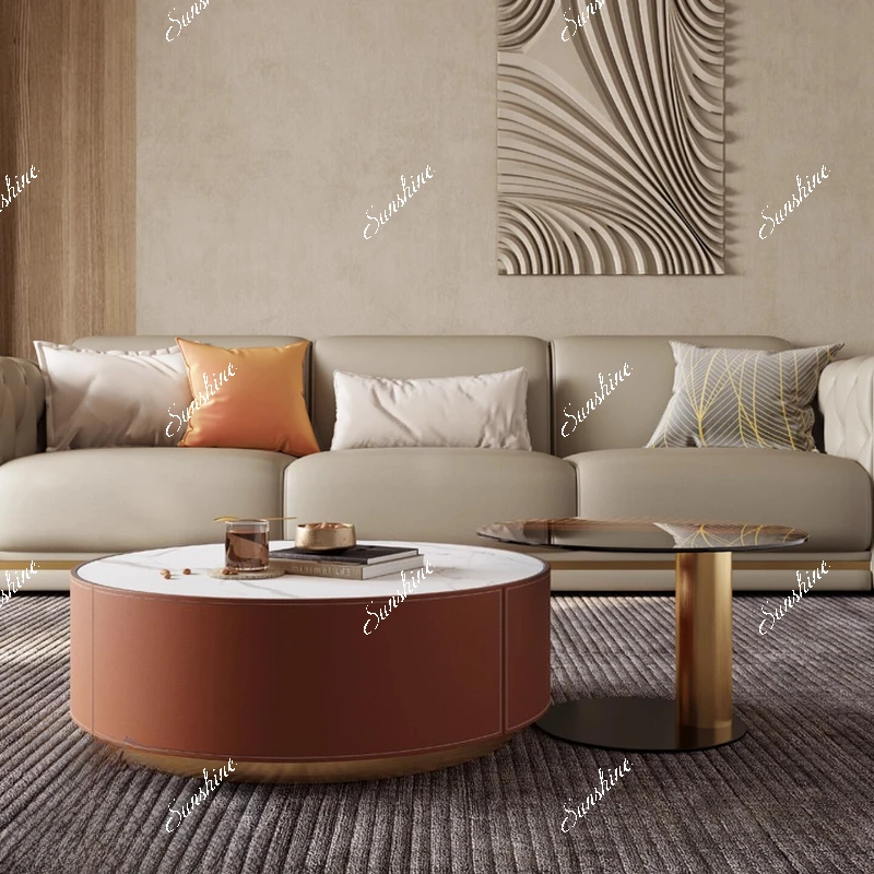 

Light luxury modern simple household small apartment living room, rock slab round coffee table TV cabinet combination