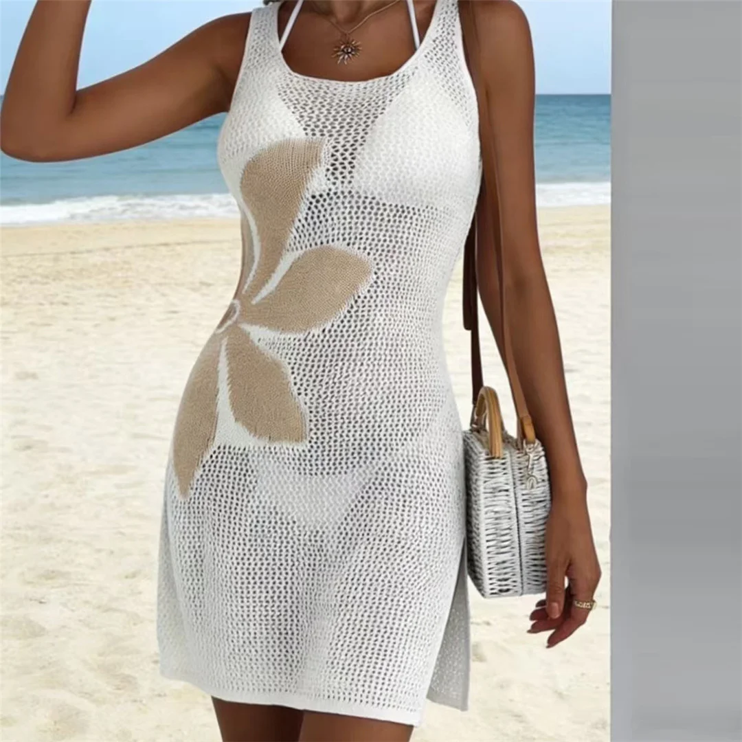 Blumenmuster, ausgestellter Schnitt, gehäkelte Tunika, Strandkleid, Strandmode, Damen, V7947 – Detail 3