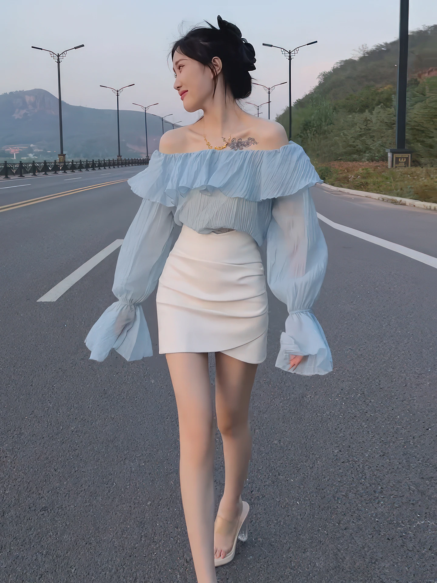 Ele Summer 2025 Women's Off-oulder Gauze Top High Waist  Skirt Two-Piece Set Floral Lace Hemline Long Sve Ensemble