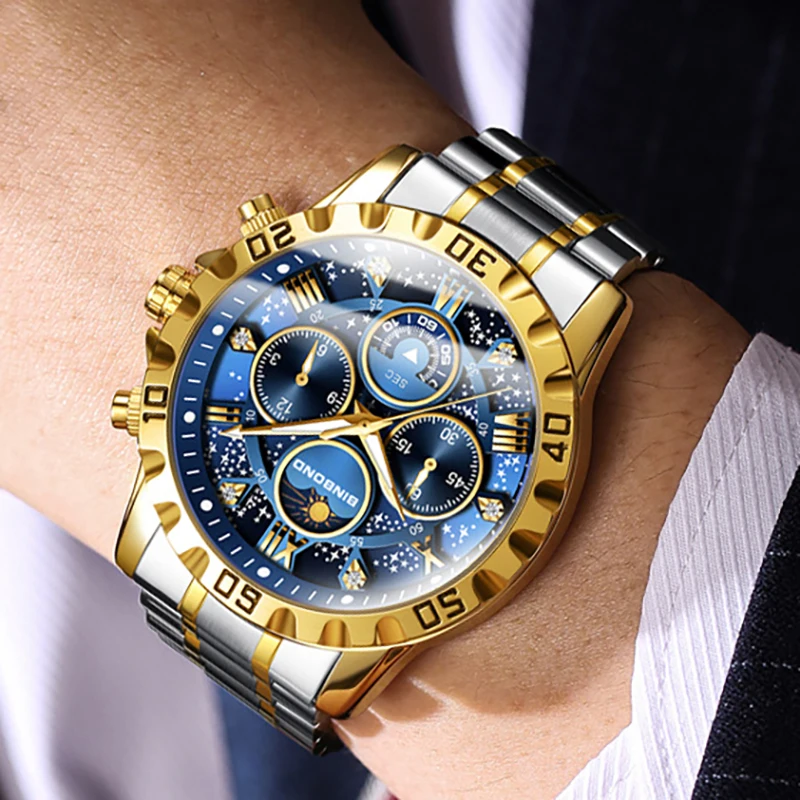 كرونوغراف العلامة التجارية الفاخرة أنيق الرجال ساعات المعصم مضيئة للذكور على مدار الساعة سوار فولاذي غير قابل للصدأ رجال الأعمال ساعات كوارتز #2