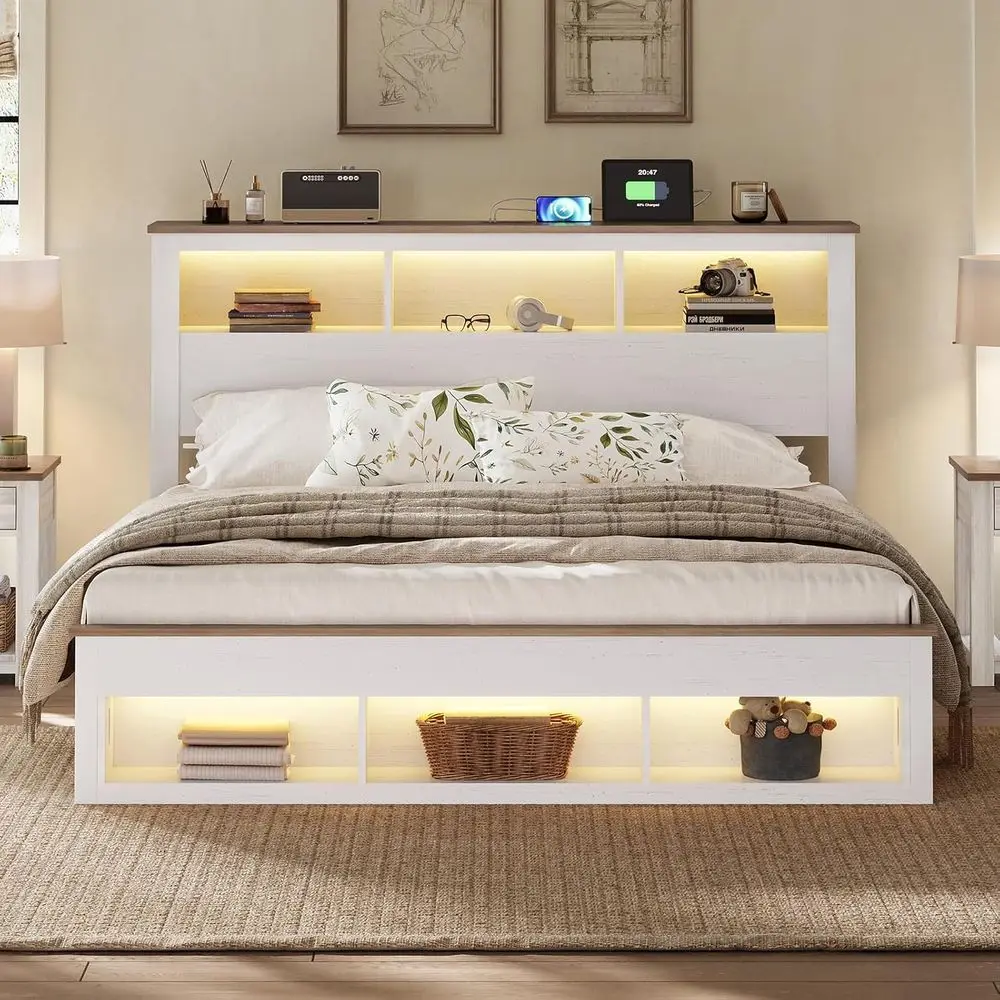 سرير تخزين بحجم كوين مع خزانة كتب ولوح للقدمين ودعم شريحة خشبية - إضاءة LED بدون ضوضاء، لا يتطلب صندوق زنبركي، أبيض #3