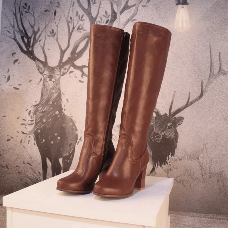 Brown Leather Women Knee High Boots Chunky Heel Side Zipper Fashion Retro Ladies Shoes