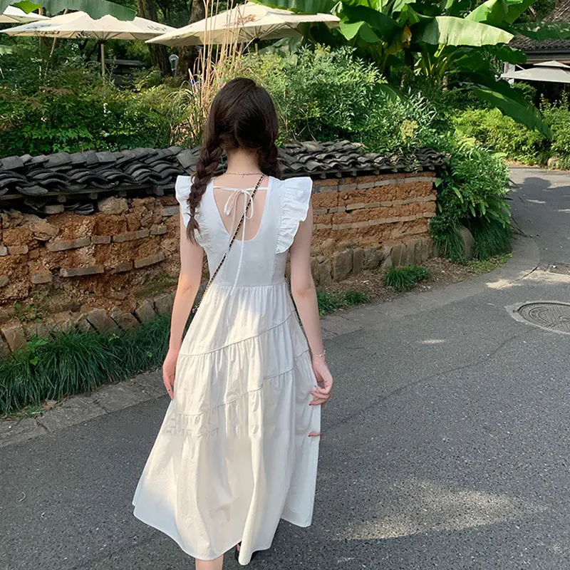 French Style Flying Sleeve Midi Dress Summer Drawstring Women's Clothing Solid Color Fashionable Irregular Spliced Basic Dresses