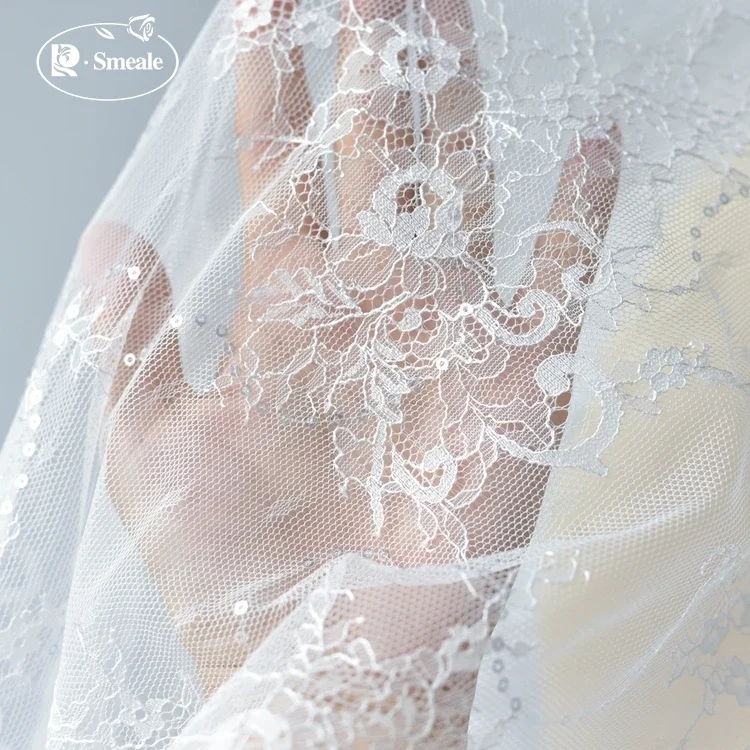 High Quality French Lace Fabric Sequined Wedding Dress Base DIY Children's Wear Hollow Sewing Background Decoration Accessories