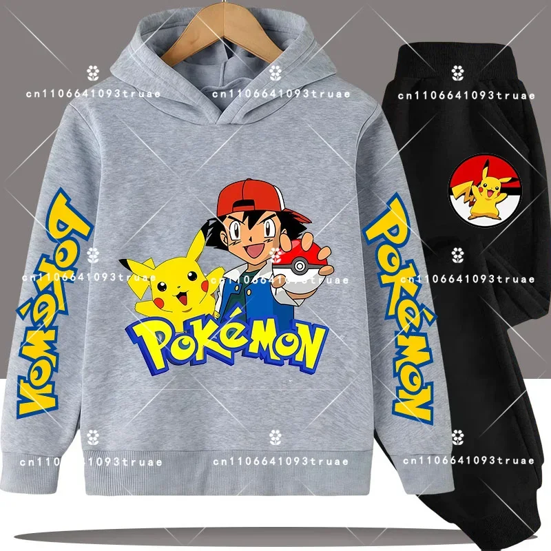 

New boys' sports shirt two-piece set, girls' casual top and pants Pokémon children's hooded shirt set - Pikachu cartoon print