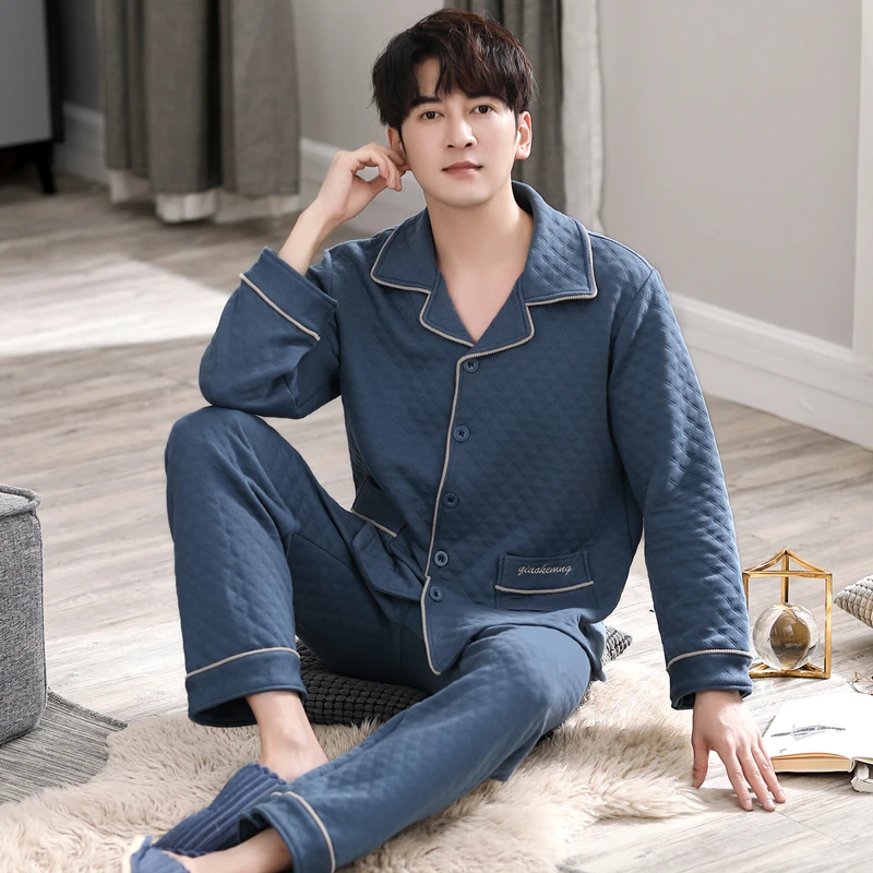 Pajamas men's autumn and winter long-sleeved laminated air cotton home service male warm big yards thin 3 layers quilted suit