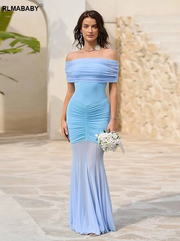RLMABABY セクシーでエレガントなオフショルダースプライシングメッシュロングボディコンドレス女性ガウン背中の開いたシャーリングドレープホリデーパーティーマキシドレス