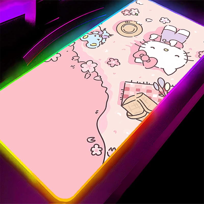 Backlight mouse pad hello kitty gamer tapete de mesa computador anime rgb mousepad notbook grande teclado acessórios de jogos mausepad
