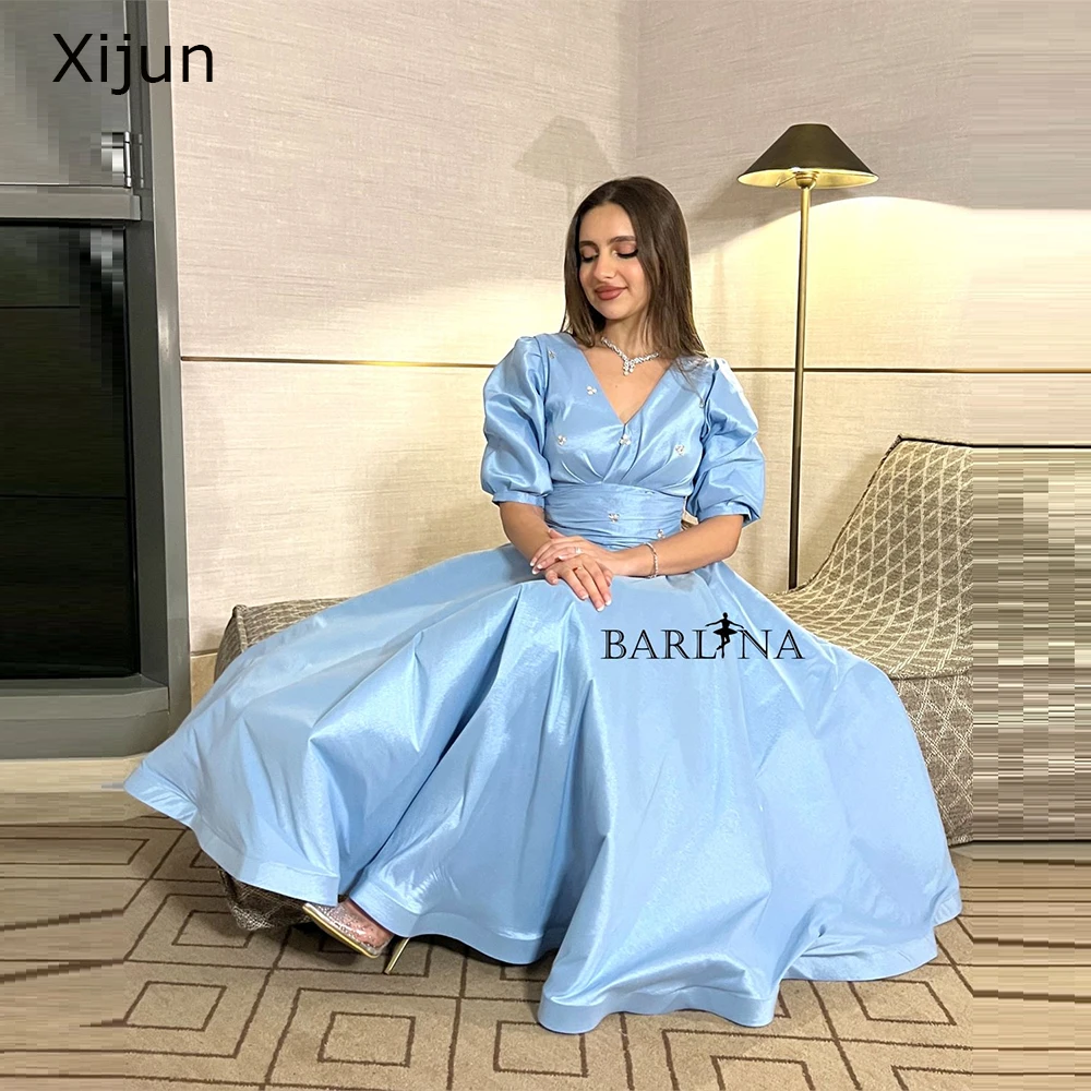 

Xijun Blue Satin Evening Dresses A-Line Short V-Neck Prom Dresses Saudi Arabric Ankle Length Prom Gown Formal Party Dresses 2023