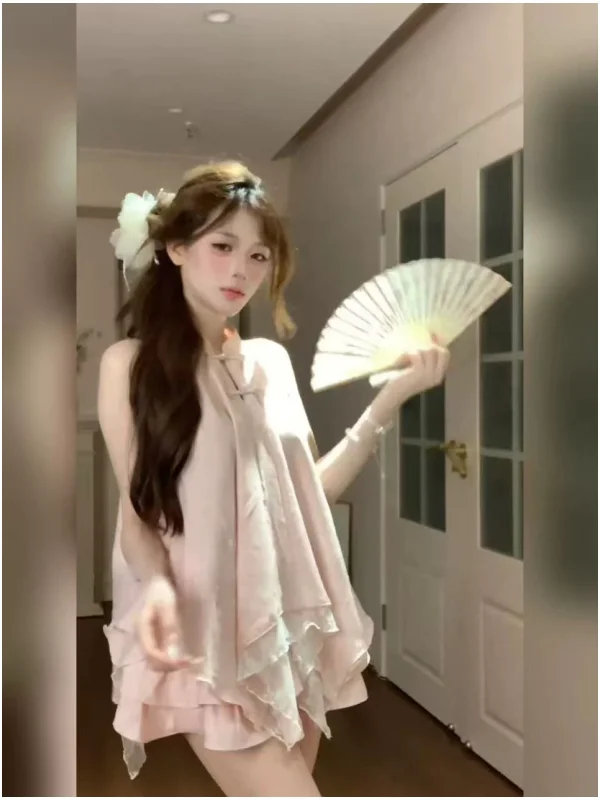

New Chinese Style Pure Desire Pink Two-Piece Set Irregular Neckline Top Cake Short Skirt Summer Fashion Women's Ensemble