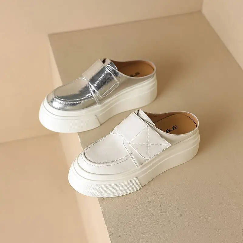 Krazing Pot Mules Full Grain Leather Summer Slip On Round Toe Flat Platform Silver Color Women Fashion Leisure Outside Slippers