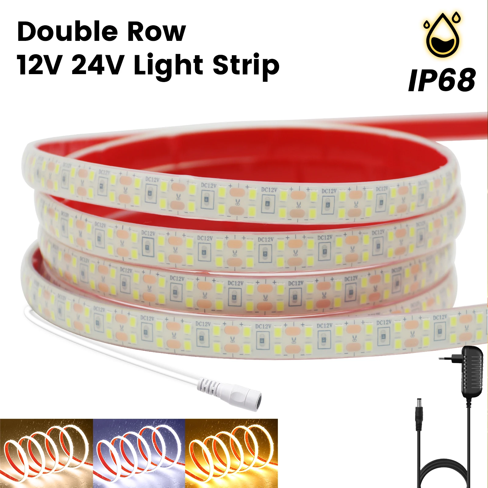 IP68 Waterproof LED Strip 12V 24V LED Tape SMD2835 240Leds/m Flexible Ribbon Rope Light Lamp with EU/UK/US Power Supply