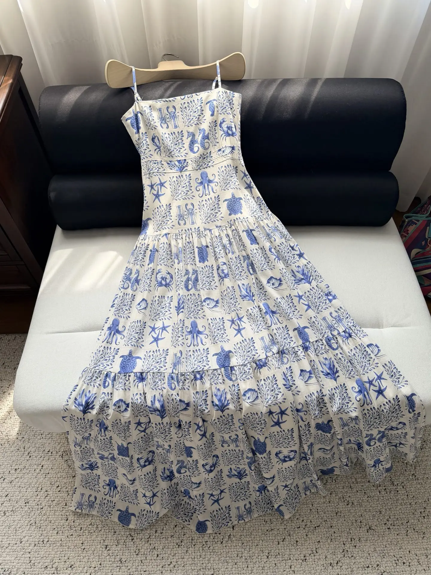 Summer Women's Marine Animal Pattern Dress 100% Linen Square Collar Sleeveless High Waist Casual Female Sling Robe ﻿