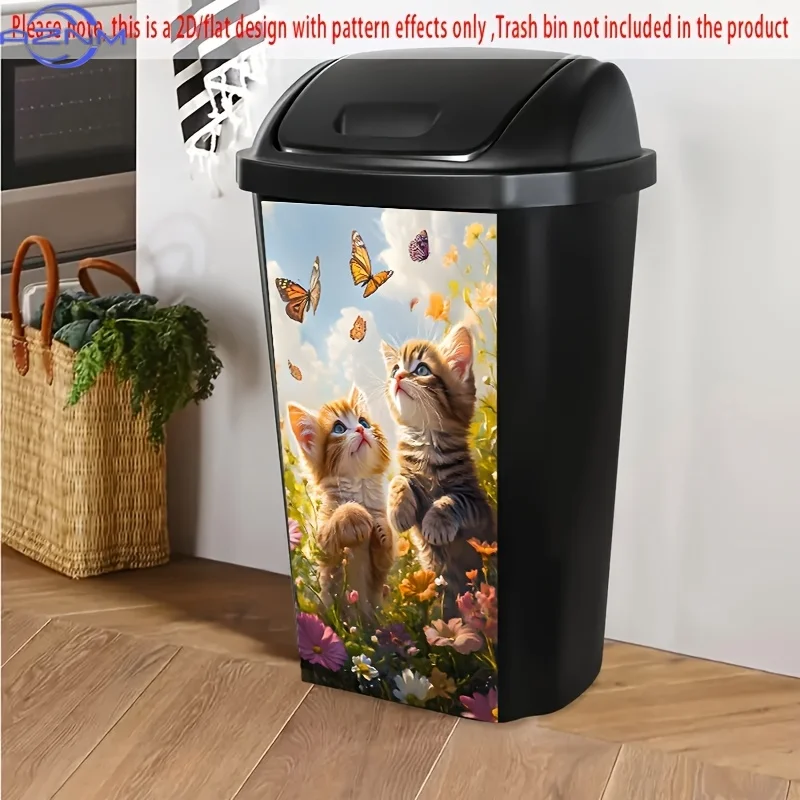 Two Kittens Chasing Butterflies in Flower Field Self-Adhesive Dustbin Stickers, No Festival-related Decor, PVC Trash Can Decor