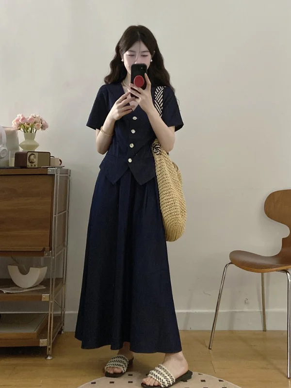 

plus Size Women's Spring Summer Fashion Set Vintage Dark Blue Silk Denim Skirt And Top Salt And Sweet Style for Plump Mm