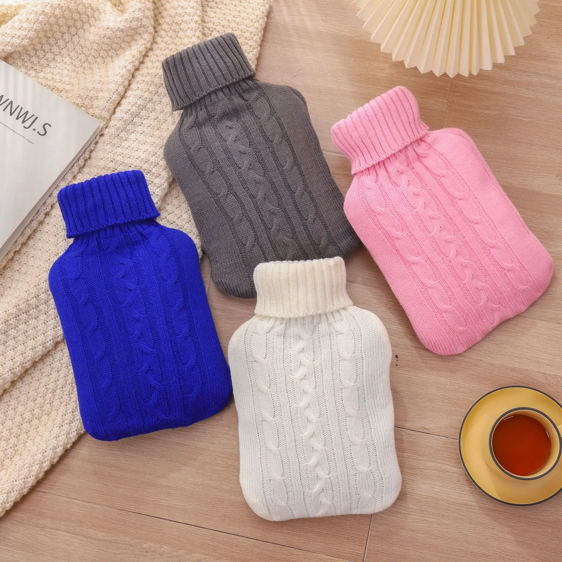 Large 2000ml Hot Water Bottle Bag Solid Color Hot Water Bottle Cover Winter Heat Preservation Soft Safe Removable Knitted Cover