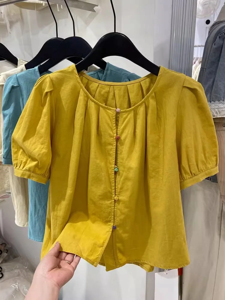 

Women's Cotton Linen Bubble Sve irt ort Sve Loose Fit Summer Top Korean Sle Casual Wear Artistic Commute Sle