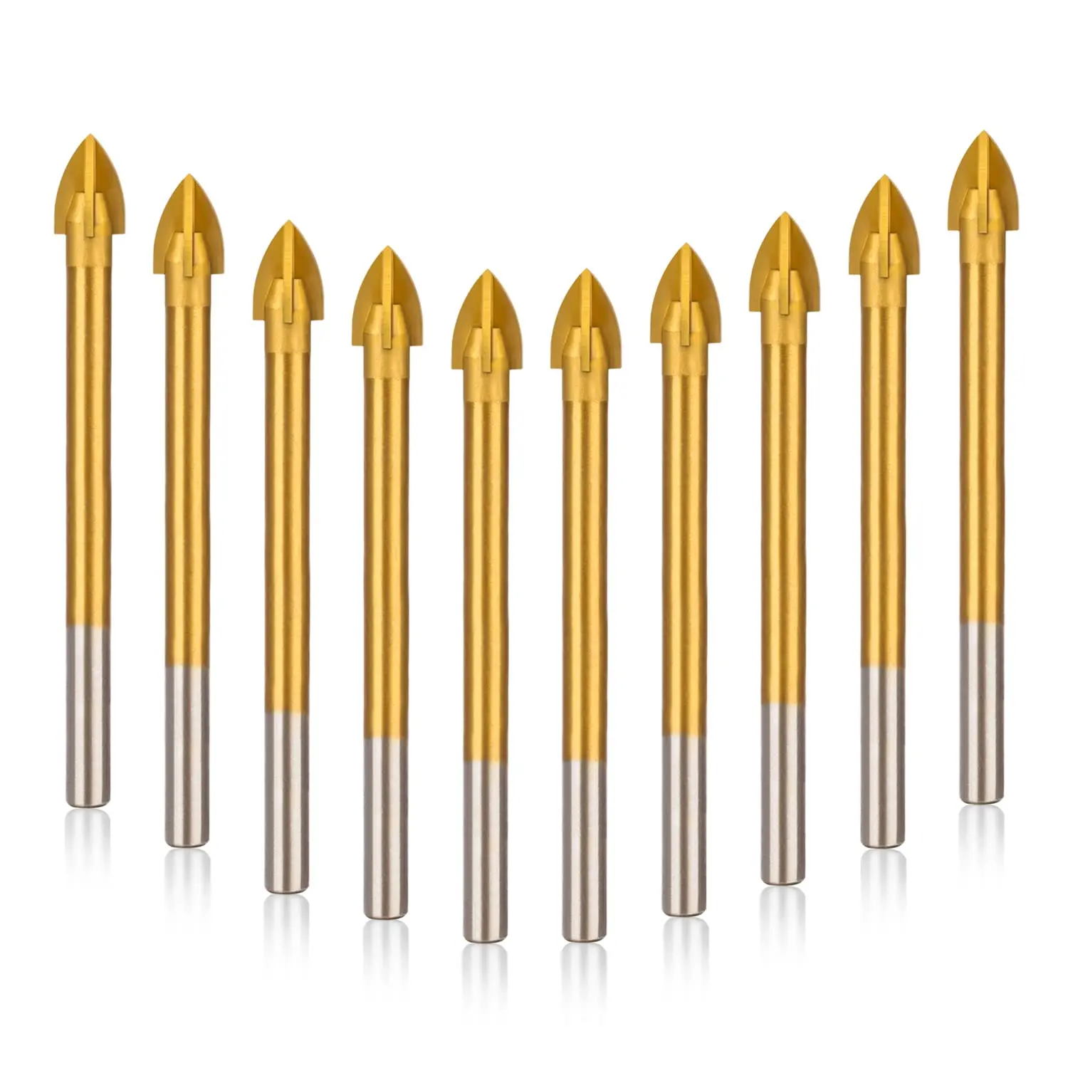 

10-Piece Premium Masonry Drill Bit Set – Titanium Coated, 6mm Cross Spear Head Design for Ceramic Tile, Marble, Mirror & Glass