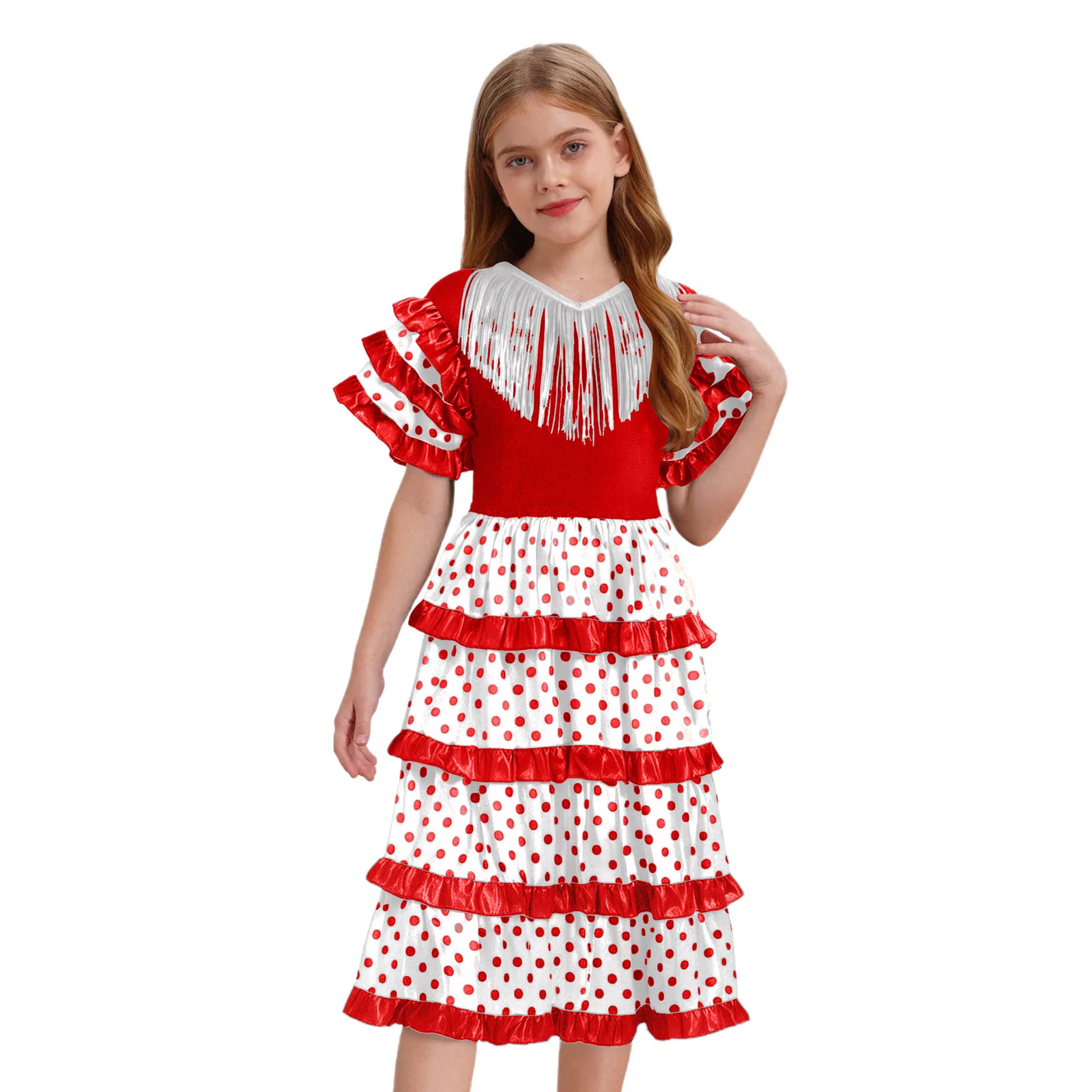 

Kids Girls Spanish Flamenco Dance DressTassels V-Neck Short Sleeve Tiered Ruffles Color Block Dots Dress Ballroom Performance