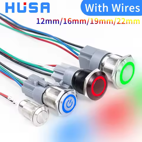 16 19 22mm With Wire Waterproof Metal Push Button Switch LED Ring/Power Light Momentary Latching 5/12/24/220V silver1NO1NC