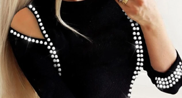 Abbigliamento da donna primavera estate Camicetta cava a maniche lunghe Rheinstone O collo sexy