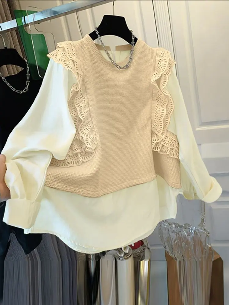 

ZANZEA Women Patchwork Blouse Tops Fashion Ruffled Tunic 2025 Elegant Long Sleeve Blusas Autumn O-Neck Casual Knitted Pullover