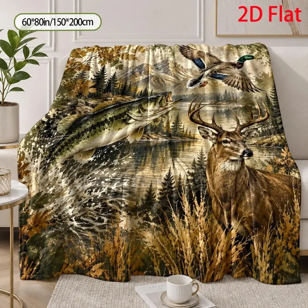 2D Flat Surface, 280G/Square Meter, Flannel Blanket with Fish and Hunting House Pattern, Cute Printed Design, Suitable for Sofa, All-Season Use, Halloween and Christmas Room Decoration, Christmas Gift, Birthday Gift