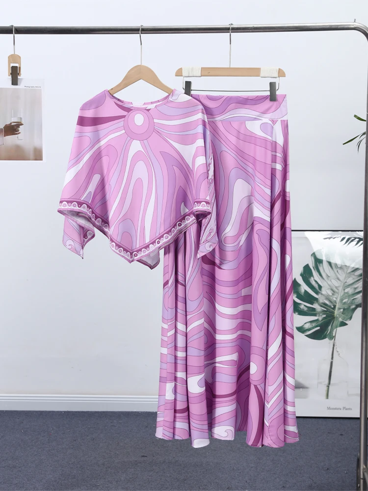 Bedruckter Cape-Langrock-Anzug für Damen, elegante Oberteile mit O-Ausschnitt und unregelmäßigem Saum, A-Linien-Röcke mit hoher Taille, schicke Partykleidung für Damen, neue Strandkleidung – Detail 12
