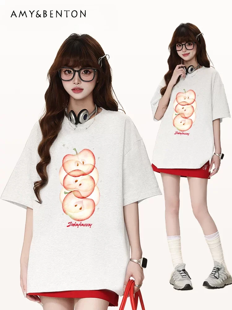 

Summer New Japanese Sweet Girl Cute Graffiti Apple Print Loose Casual White Gray Red Blue Round Neck Short Sleeve T-Shirt