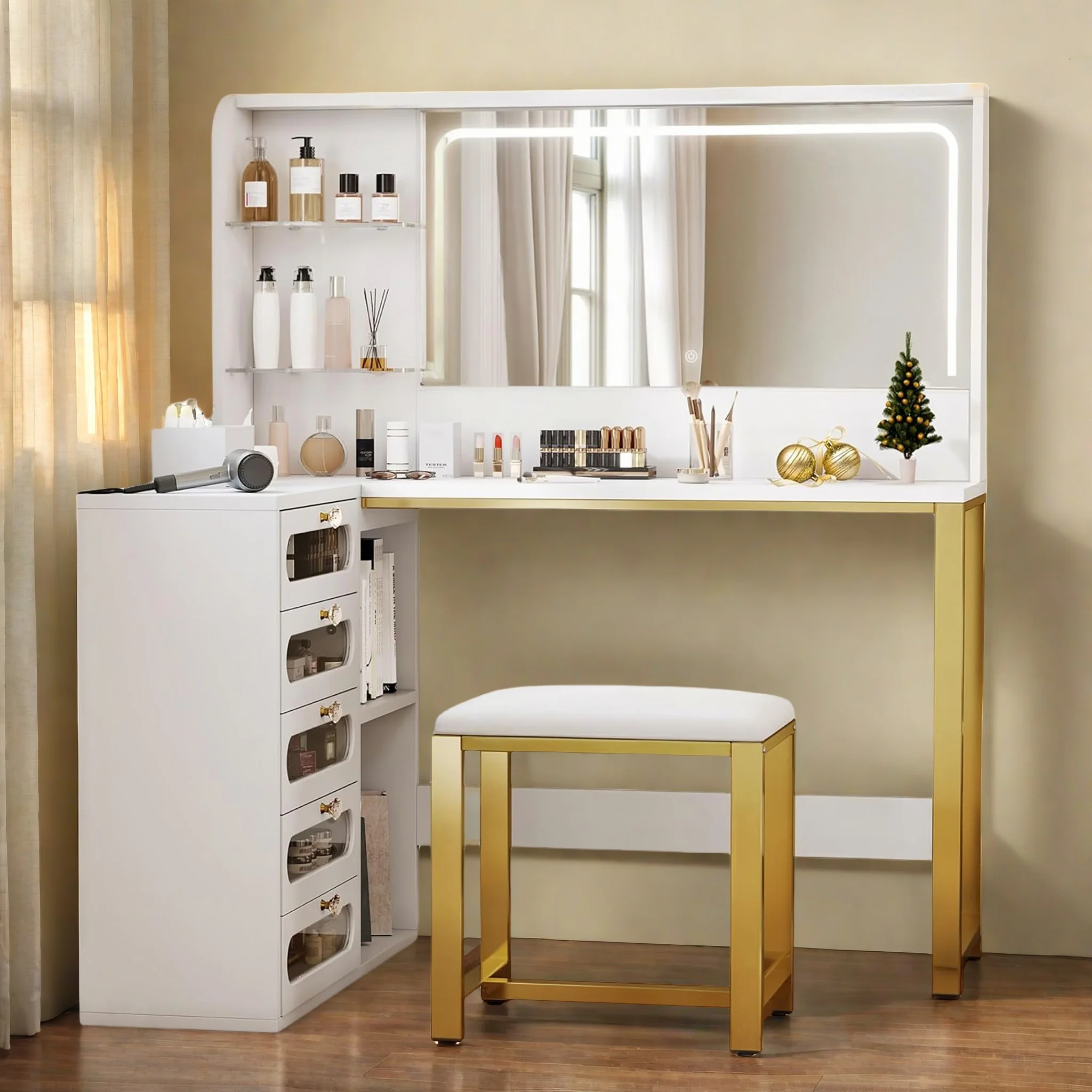 Tocador en forma de L, con 5 cajones y estante abierto ajustable de 2 niveles, iluminación ajustable, mesa de maquillaje para dormitorio, sala de maquillaje