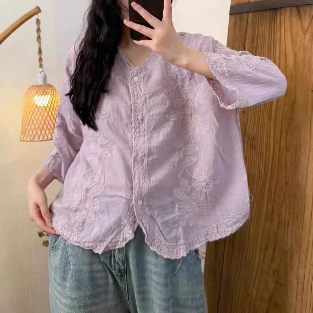 

Women's Floral Embroidery Boho Style Shirt Blouse Holiday Beach Casual Loose Summer Cotton Lace Cardigan Vintage Blue Purple Top