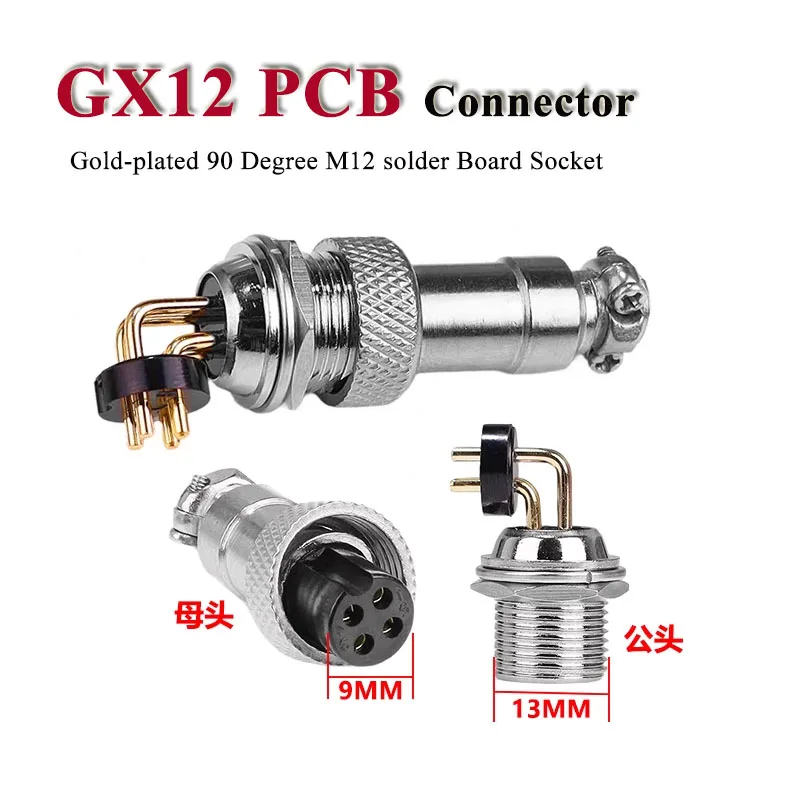 Gold-plated GX12 PCB Aviation Plug Socket Bent 2 3 4 5 6 7 Pin Copper 90 Degree M12 Solder Board Circuit Board Connector