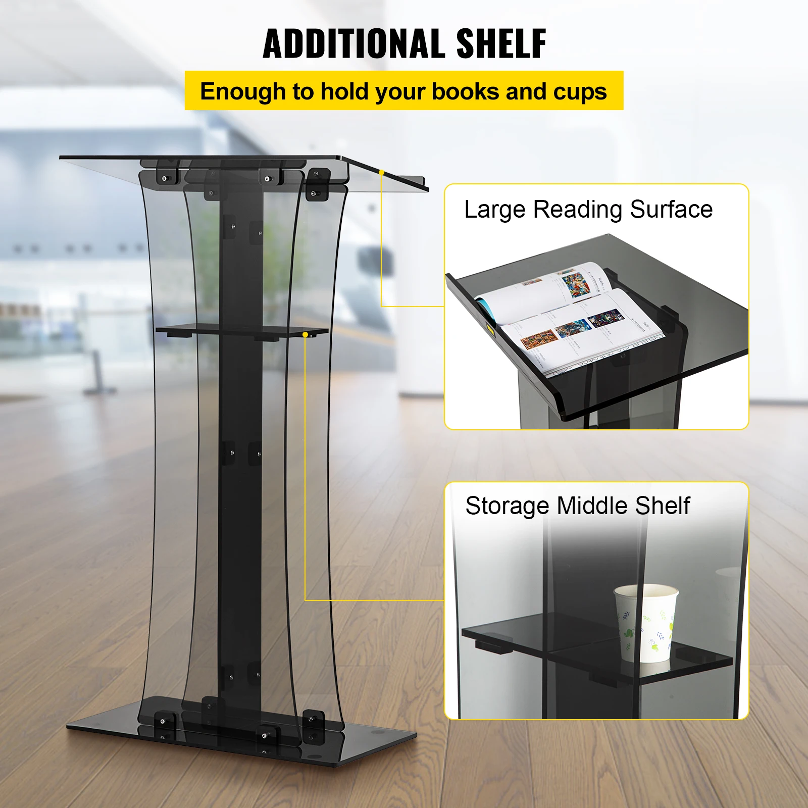 VEVOR 47" Clear Podium Stand Floor-Standing Acrylic Podium Lectern W/ Reading Surface & Storage Shelf  for Church Office School